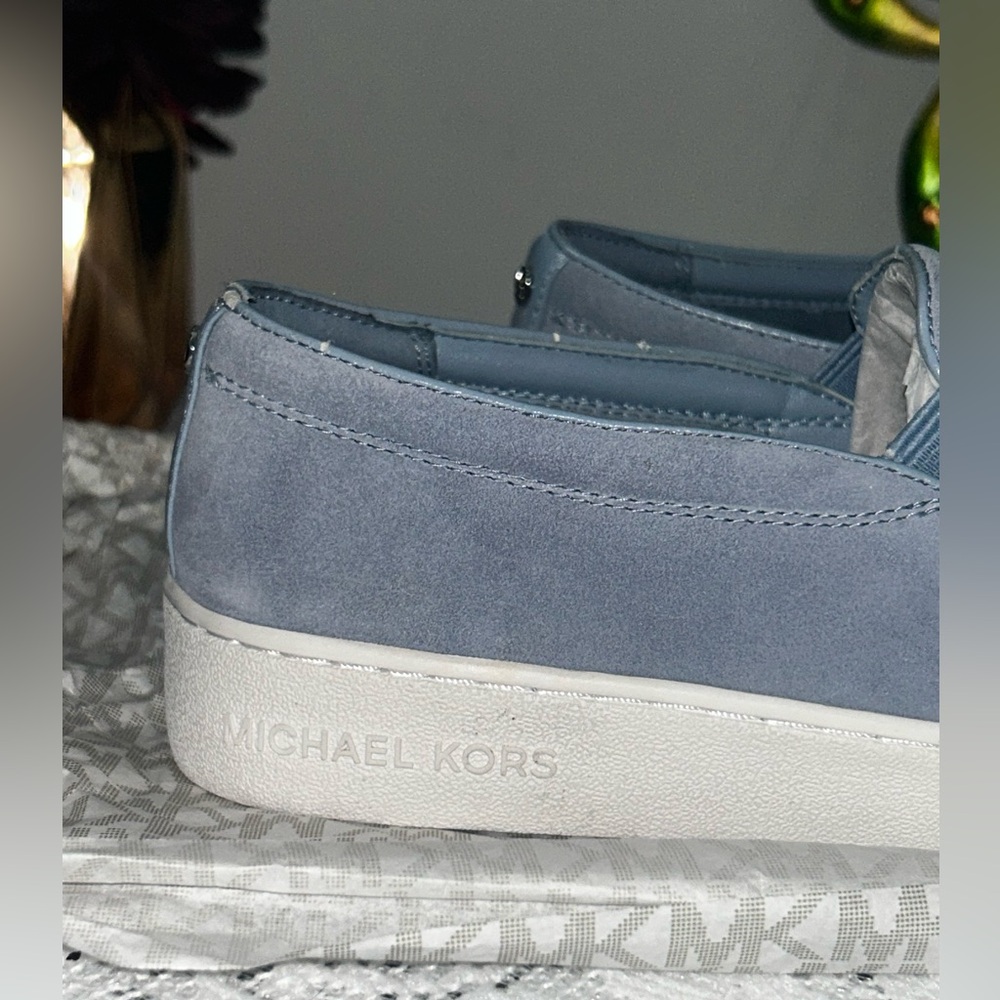MICHAEL KORS Pale Blue Keaton Embellished Suede Leather Slip-On Sneaker - Picture 9 of 13